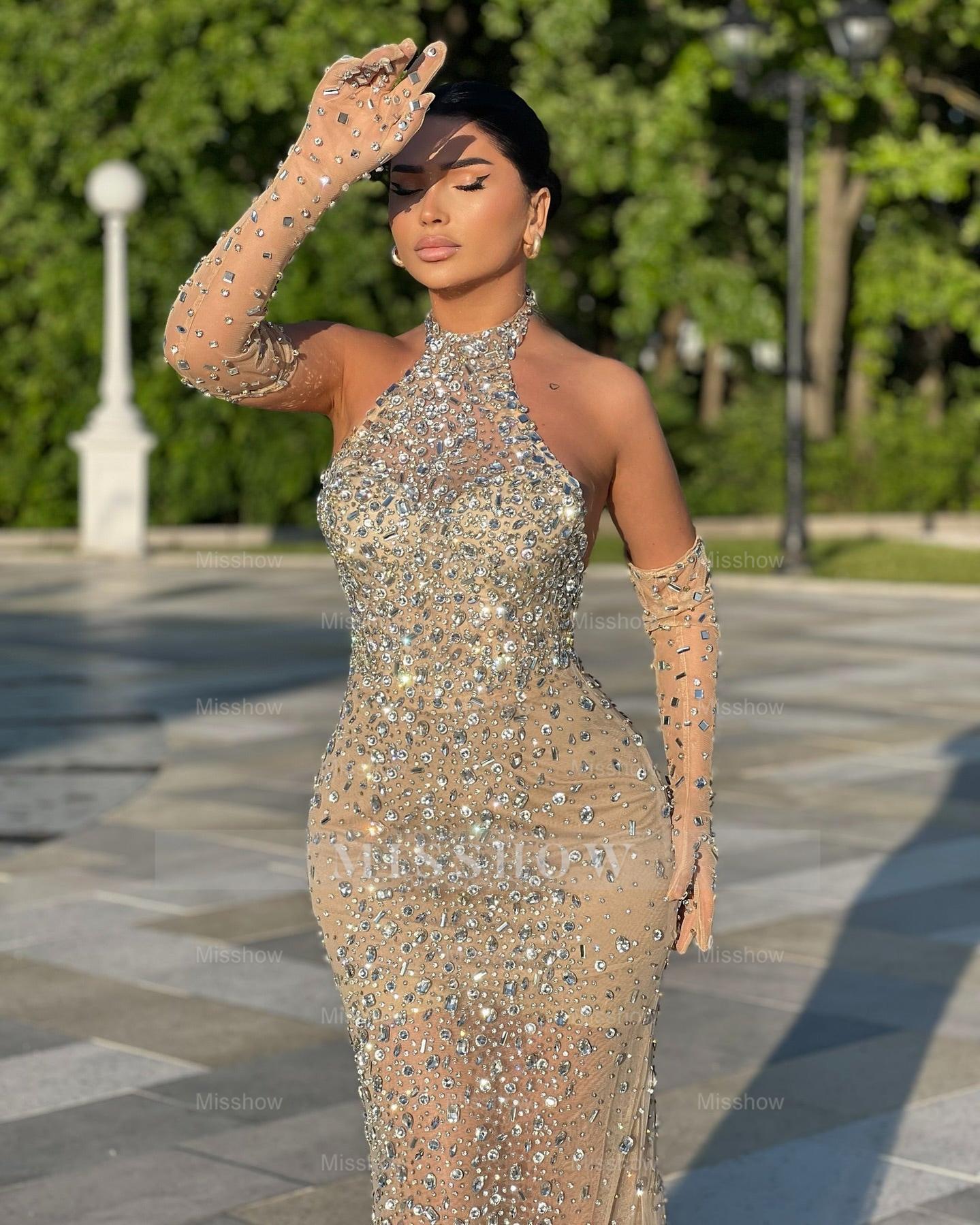 Shining Champagne Mermaid Strapless Sleeveless Beaded Tulle Long Prom Dress With Rhinestones