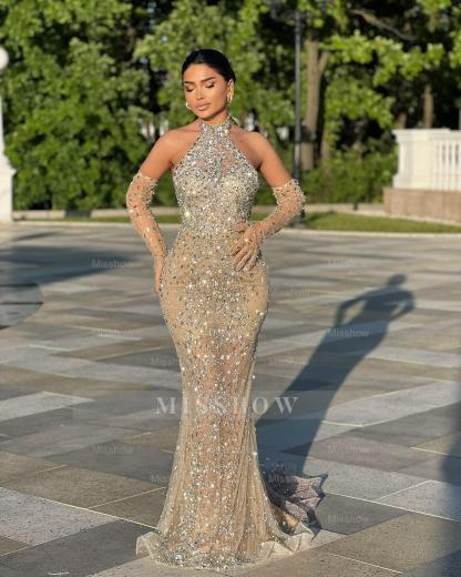 Shining Champagne Mermaid Strapless Sleeveless Beaded Tulle Long Prom Dress With Rhinestones