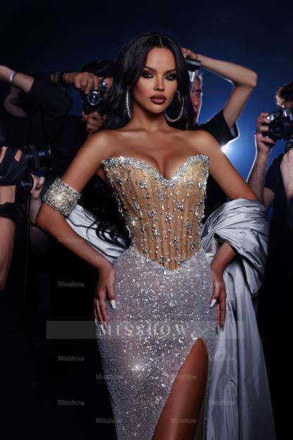 Shining Column Sweetheart Sleeveless Sequined Split Front Long Tulle Evening Dresses With Rhinestones