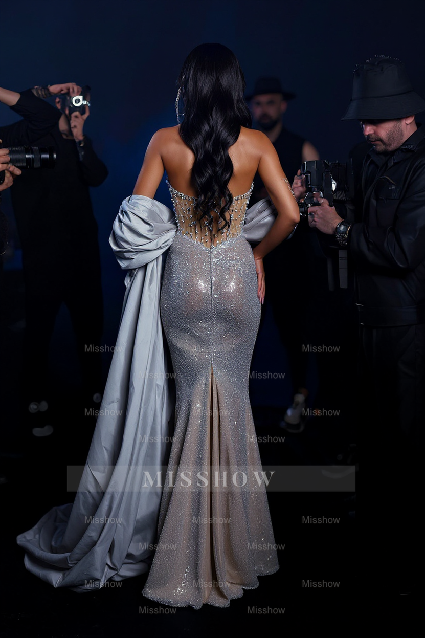 Shining Column Sweetheart Sleeveless Sequined Split Front Long Tulle Evening Dresses With Rhinestones