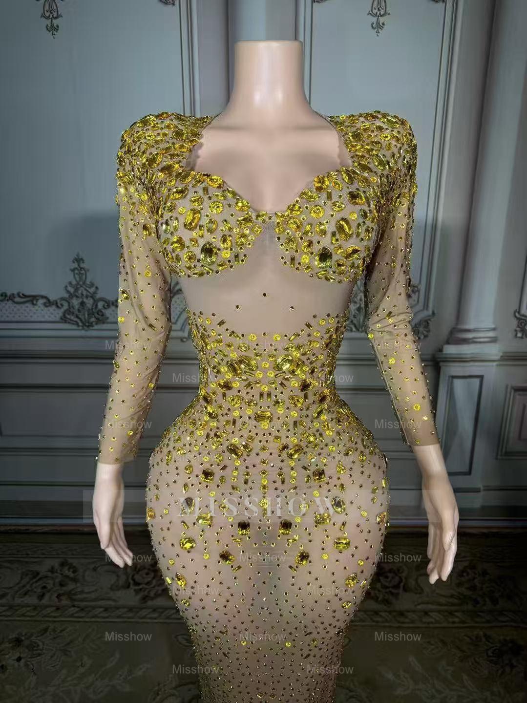 Shining Gold Sweetheart Column Beaded Long Sleeve Floor-Length Tulle Prom Dresses With Rhinestones