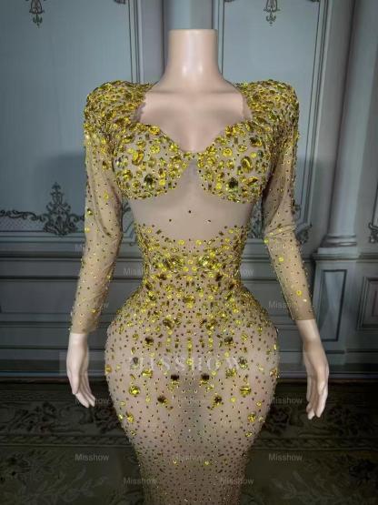 Shining Gold Sweetheart Column Beaded Long Sleeve Floor-Length Tulle Prom Dresses With Rhinestones