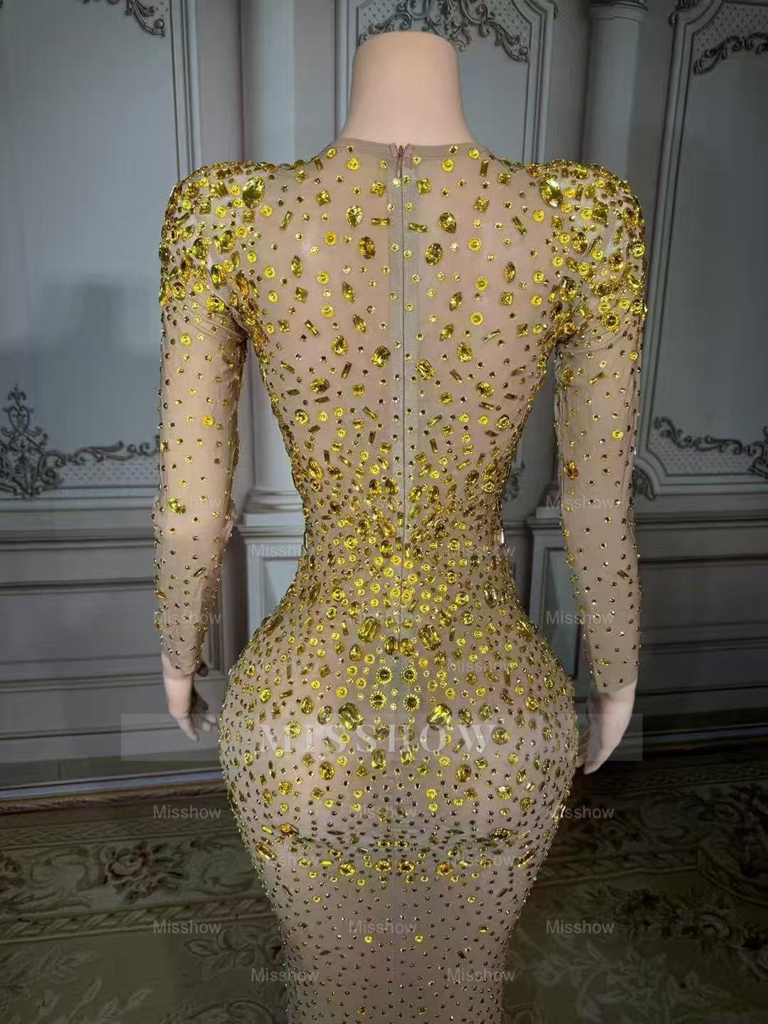 Shining Gold Sweetheart Column Beaded Long Sleeve Floor-Length Tulle Prom Dresses With Rhinestones