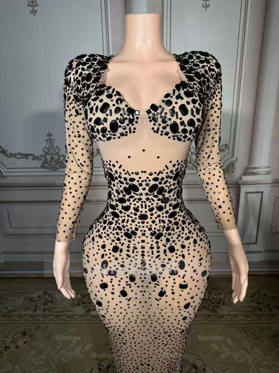 Shining Gold Sweetheart Column Beaded Long Sleeve Floor-Length Tulle Prom Dresses With Rhinestones