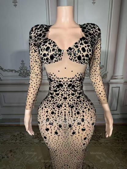 Shining Gold Sweetheart Column Beaded Long Sleeve Floor-Length Tulle Prom Dresses With Rhinestones