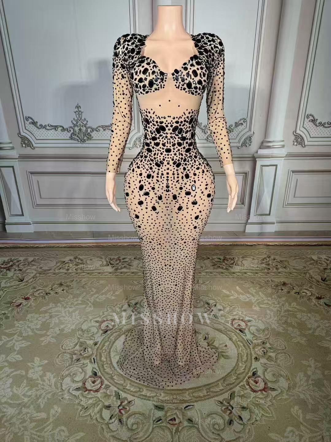 Shining Gold Sweetheart Column Beaded Long Sleeve Floor-Length Tulle Prom Dresses With Rhinestones