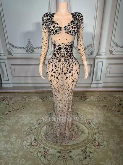 Shining Gold Sweetheart Column Beaded Long Sleeve Floor-Length Tulle Prom Dresses With Rhinestones