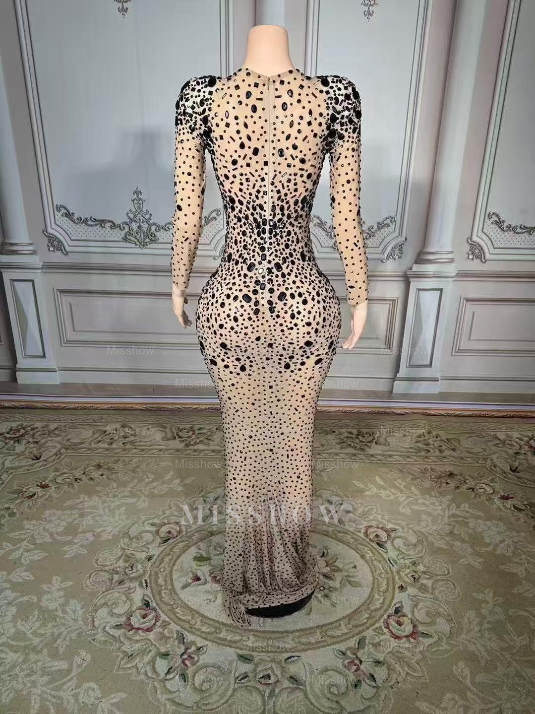 Shining Gold Sweetheart Column Beaded Long Sleeve Floor-Length Tulle Prom Dresses With Rhinestones