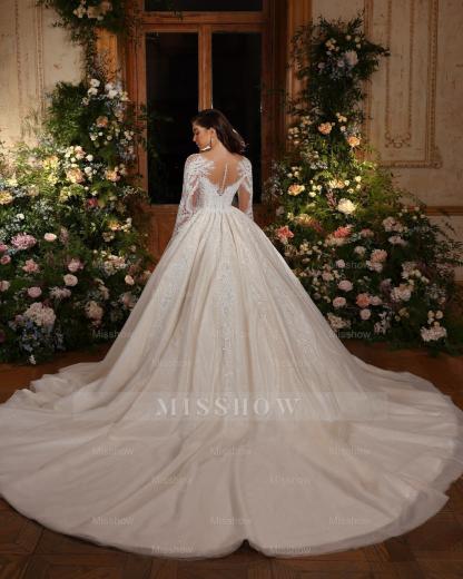 Shining White A-Line Long Sleeves Ball Gown Cathedral Train Lace Wedding Dresses With Sequins