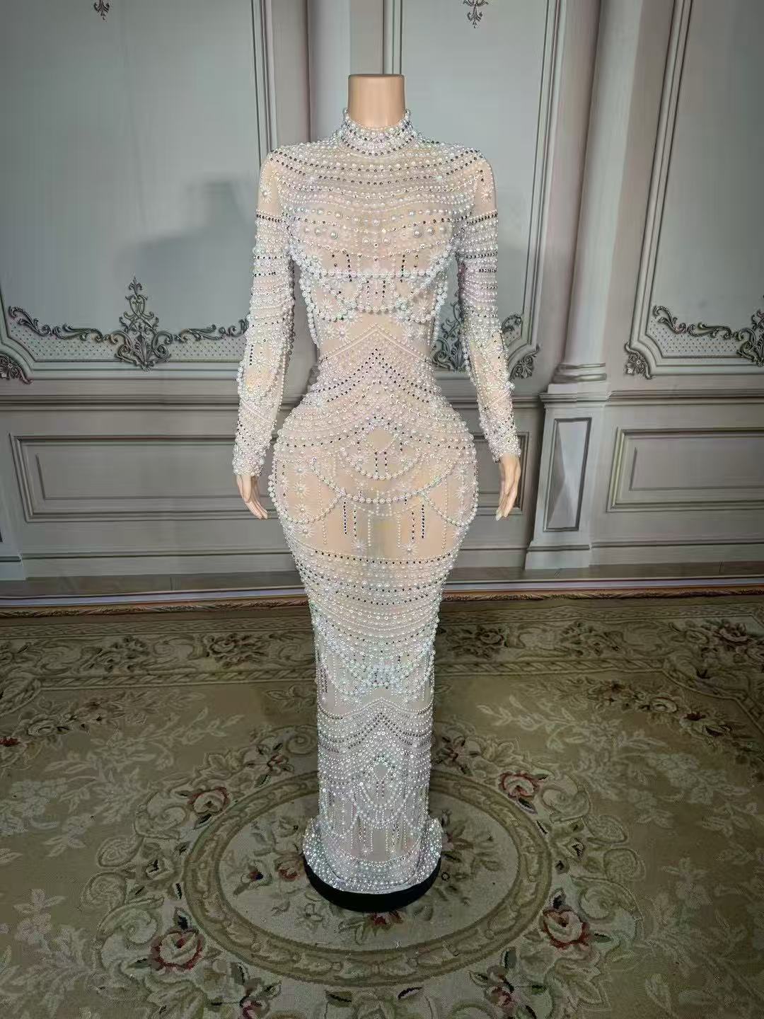 Shining White High-Neck Column Beaded Long Sleeve Slit Long Tulle Prom Dresses With Pearls