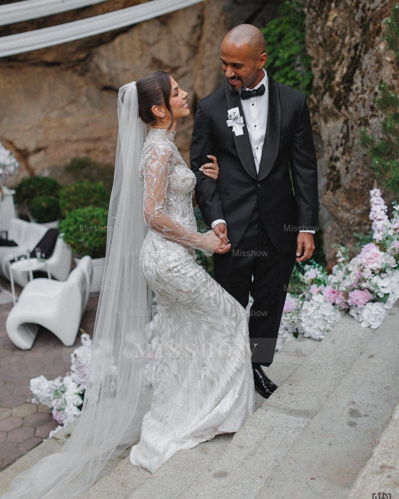 Shining White Mermaid High-Neck Long Sleeves Beaded Sweep Train Tulle Wedding Dress With Sequins