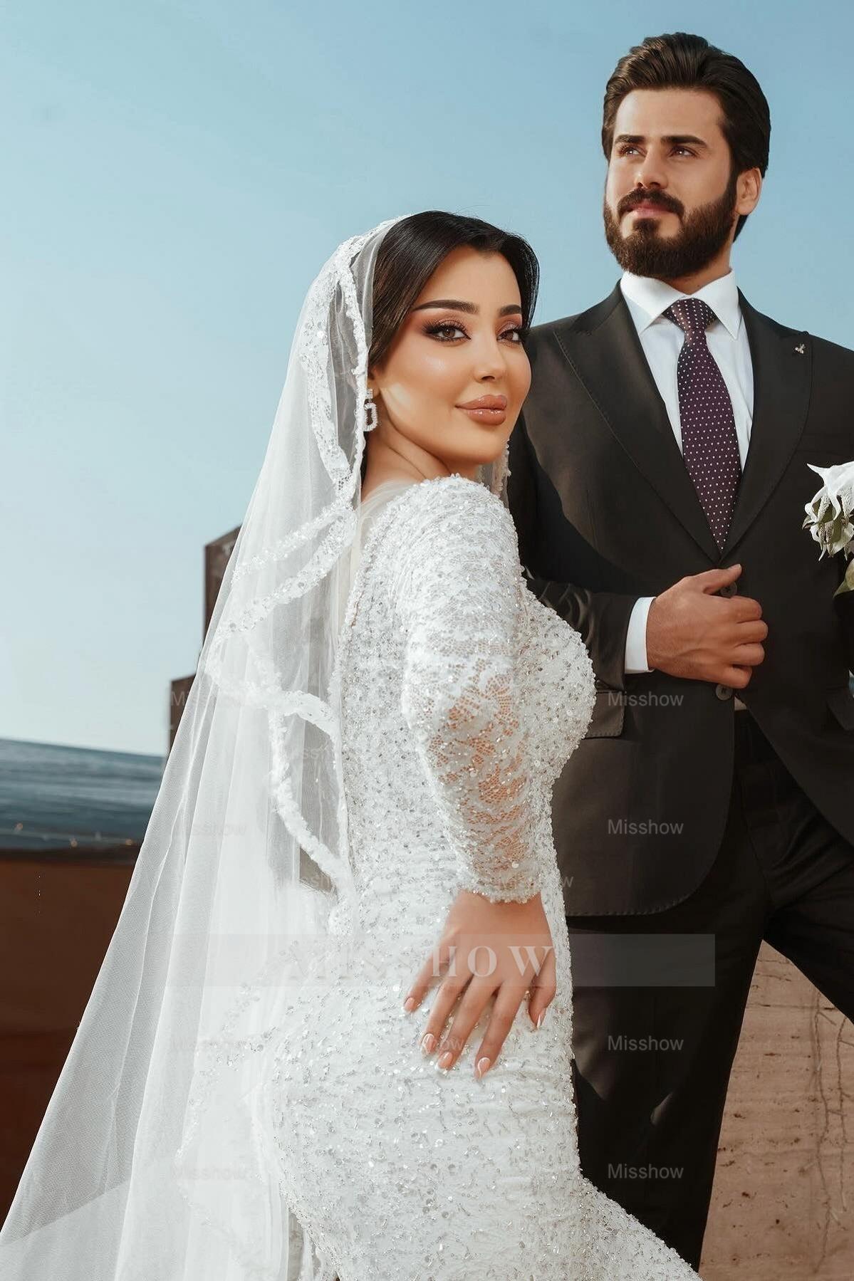 Shining White Mermaid Square Long Sleeves Sequined Lace Sweep Train Long Tulle Wedding Dresses