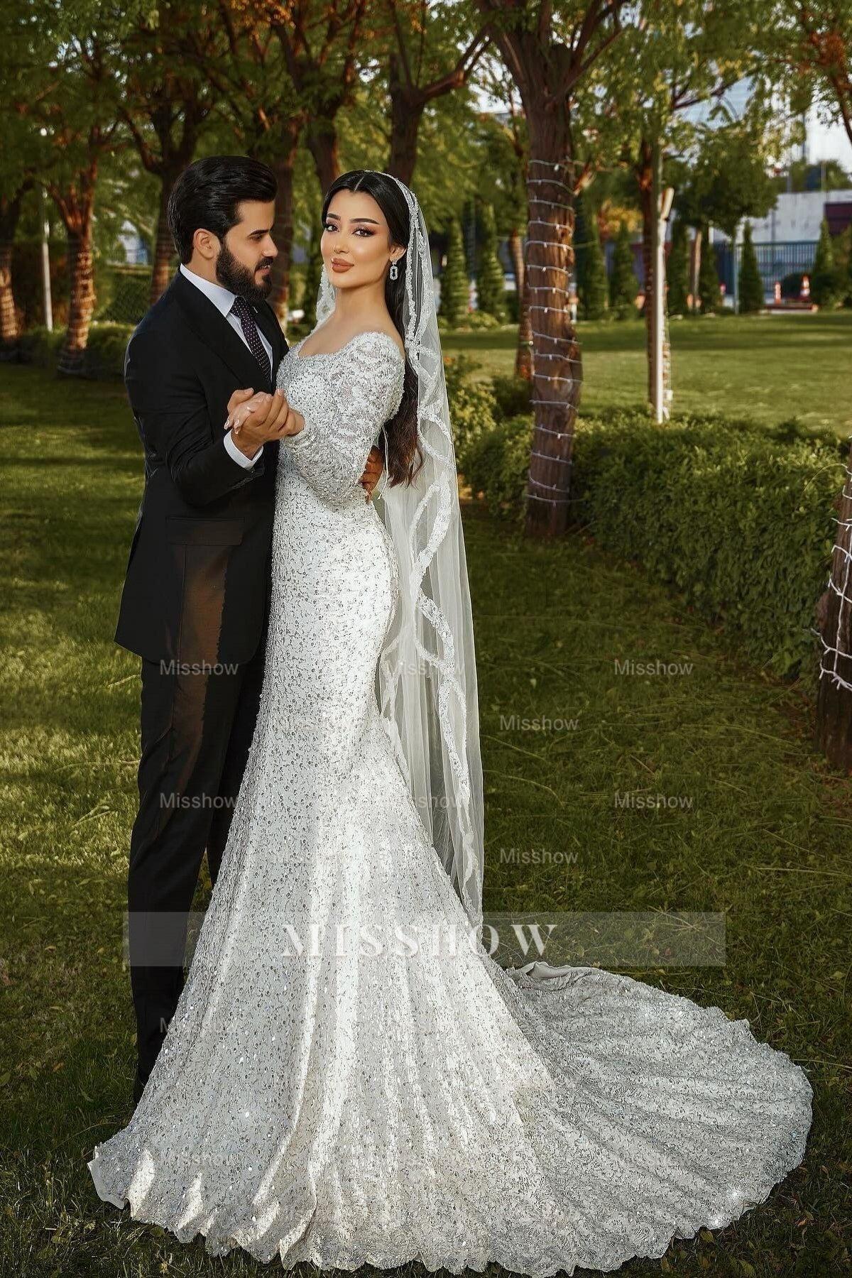 Shining White Mermaid Square Long Sleeves Sequined Lace Sweep Train Long Tulle Wedding Dresses