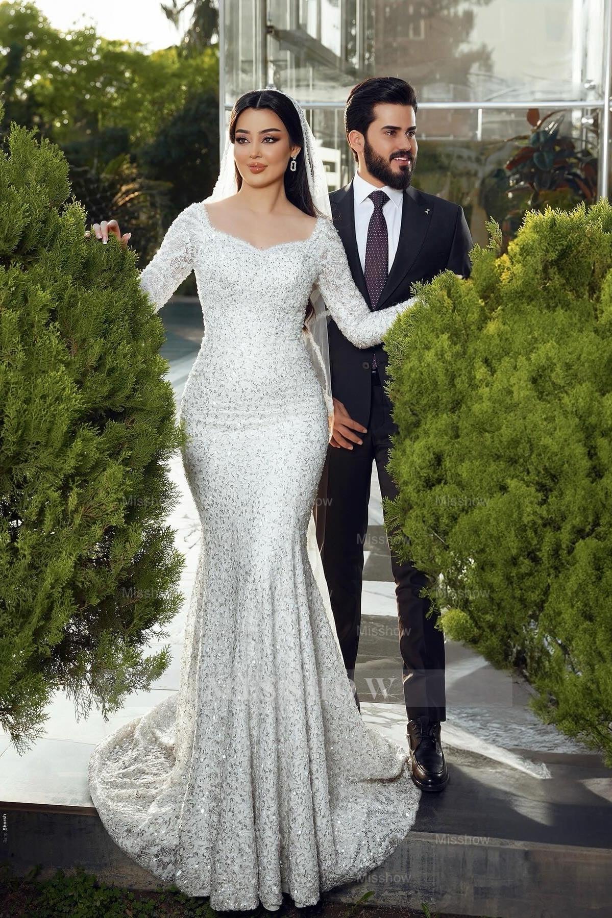 Shining White Mermaid Square Long Sleeves Sequined Lace Sweep Train Long Tulle Wedding Dresses