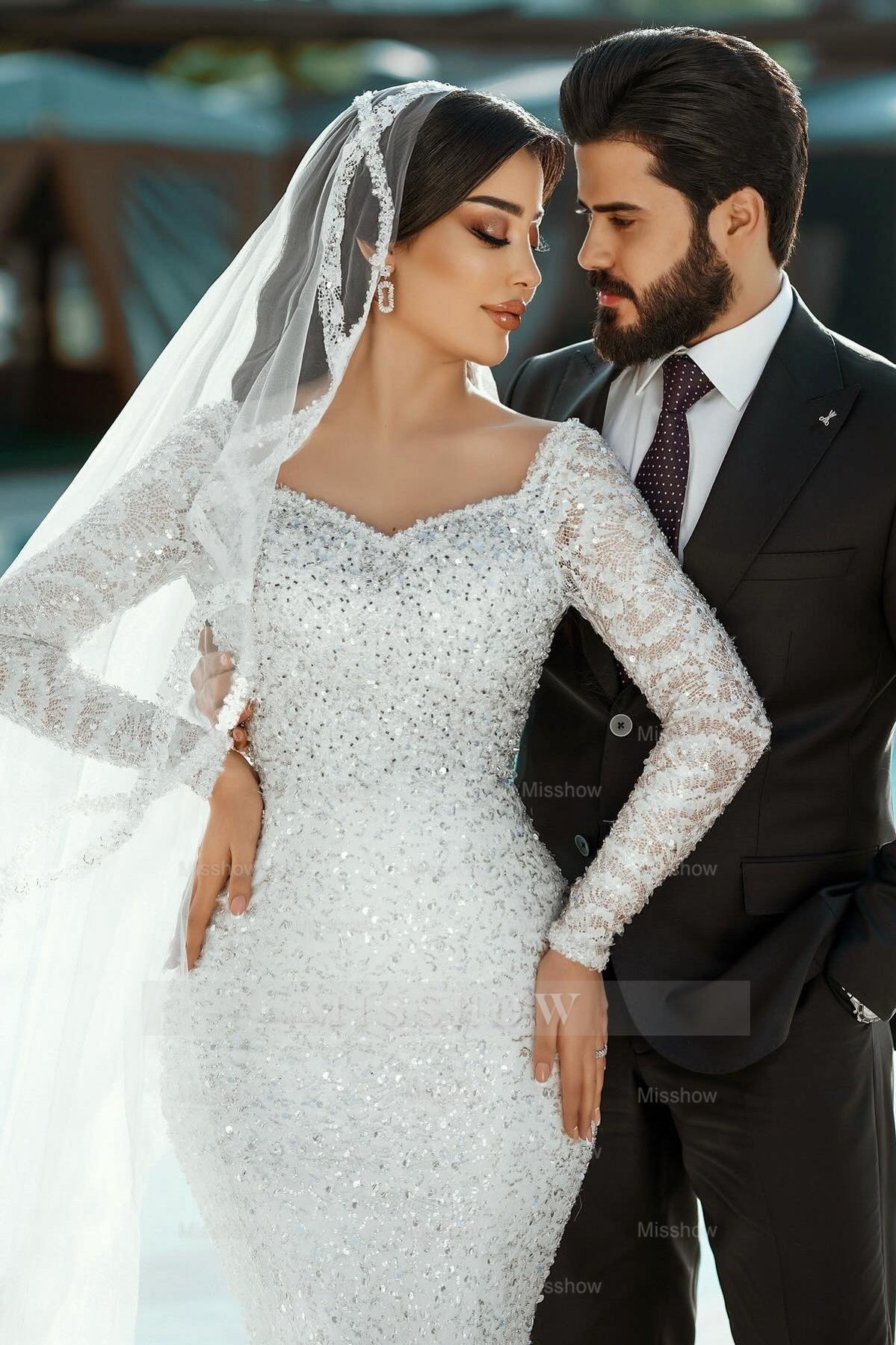 Shining White Mermaid Square Long Sleeves Sequined Lace Sweep Train Long Tulle Wedding Dresses