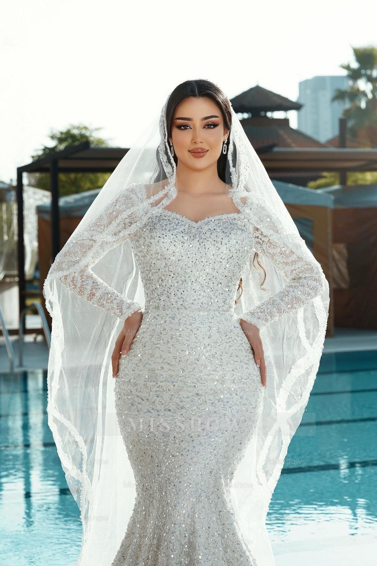 Shining White Mermaid Square Long Sleeves Sequined Lace Sweep Train Long Tulle Wedding Dresses