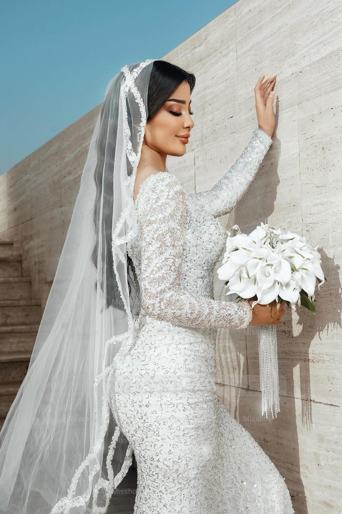 Shining White Mermaid Square Long Sleeves Sequined Lace Sweep Train Long Tulle Wedding Dresses