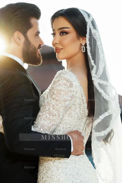 Shining White Mermaid Square Long Sleeves Sequined Lace Sweep Train Long Tulle Wedding Dresses