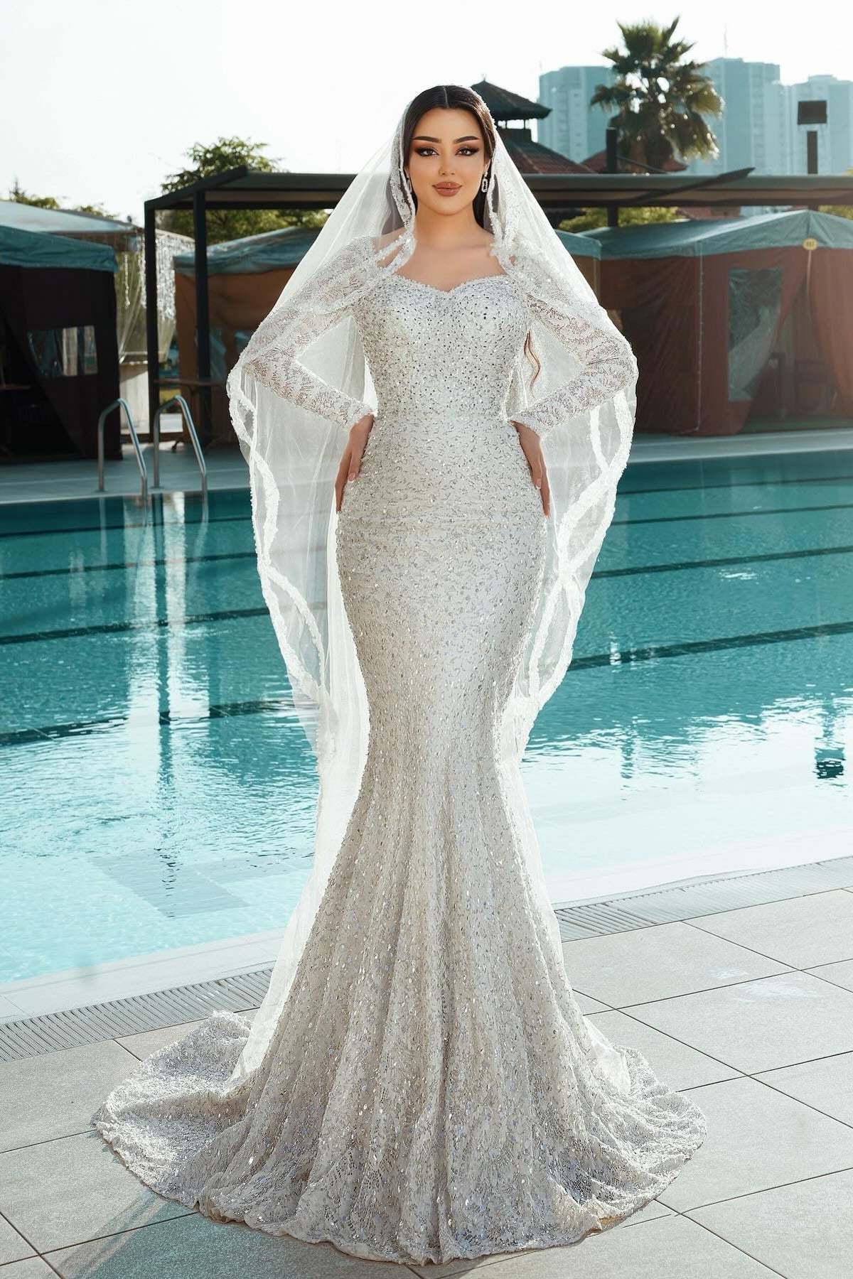 Shining White Mermaid Square Long Sleeves Sequined Lace Sweep Train Long Tulle Wedding Dresses
