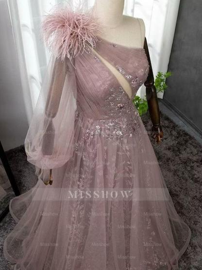 Shinning Blushing Pink One Shoulder Appliques Embroidery Formal Dress
