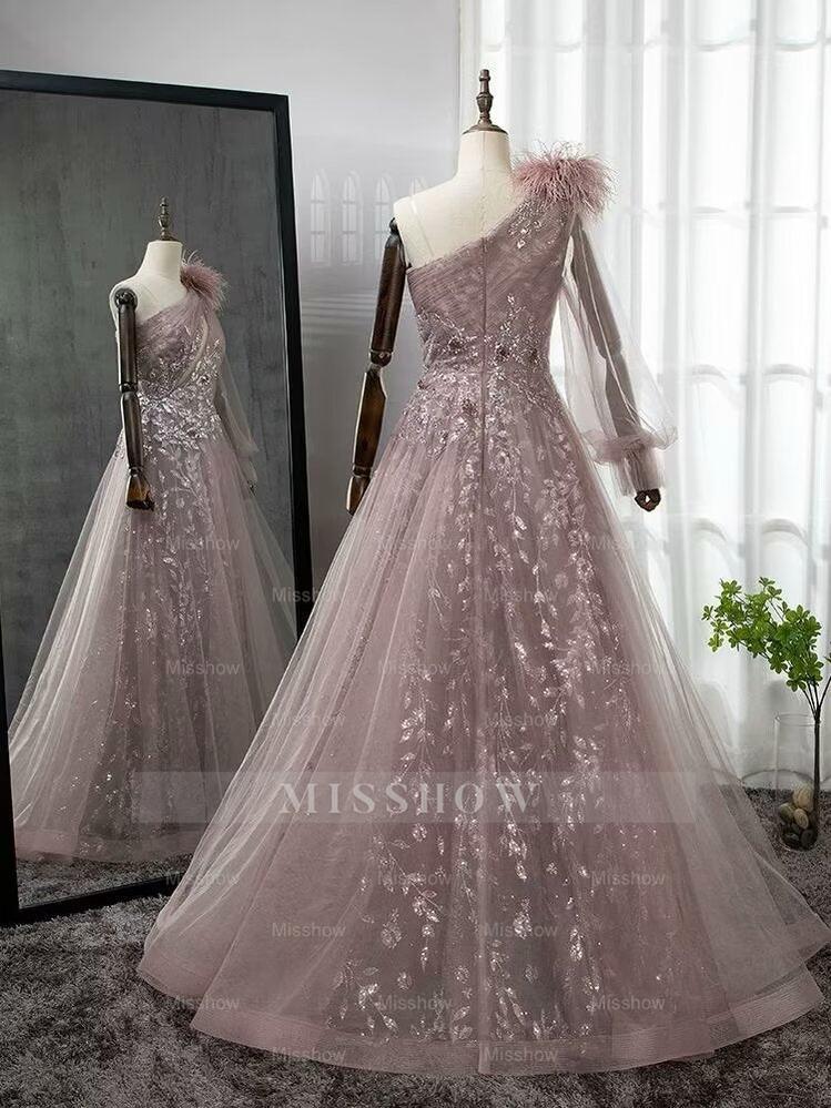 Shinning Blushing Pink One Shoulder Appliques Embroidery Formal Dress