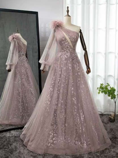 Shinning Blushing Pink One Shoulder Appliques Embroidery Formal Dress