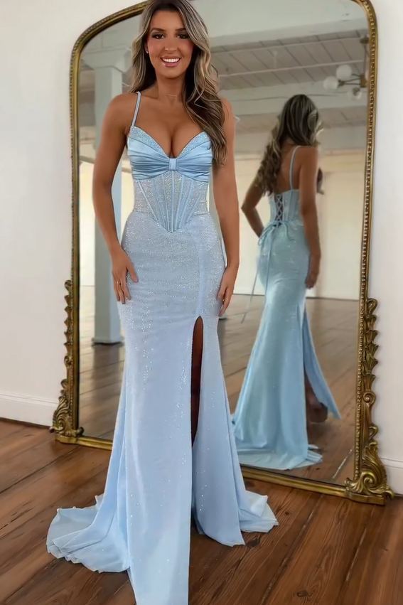 Shinning Long Mermaid Sky Blue Speghetti Straps Prom Dress with Slit