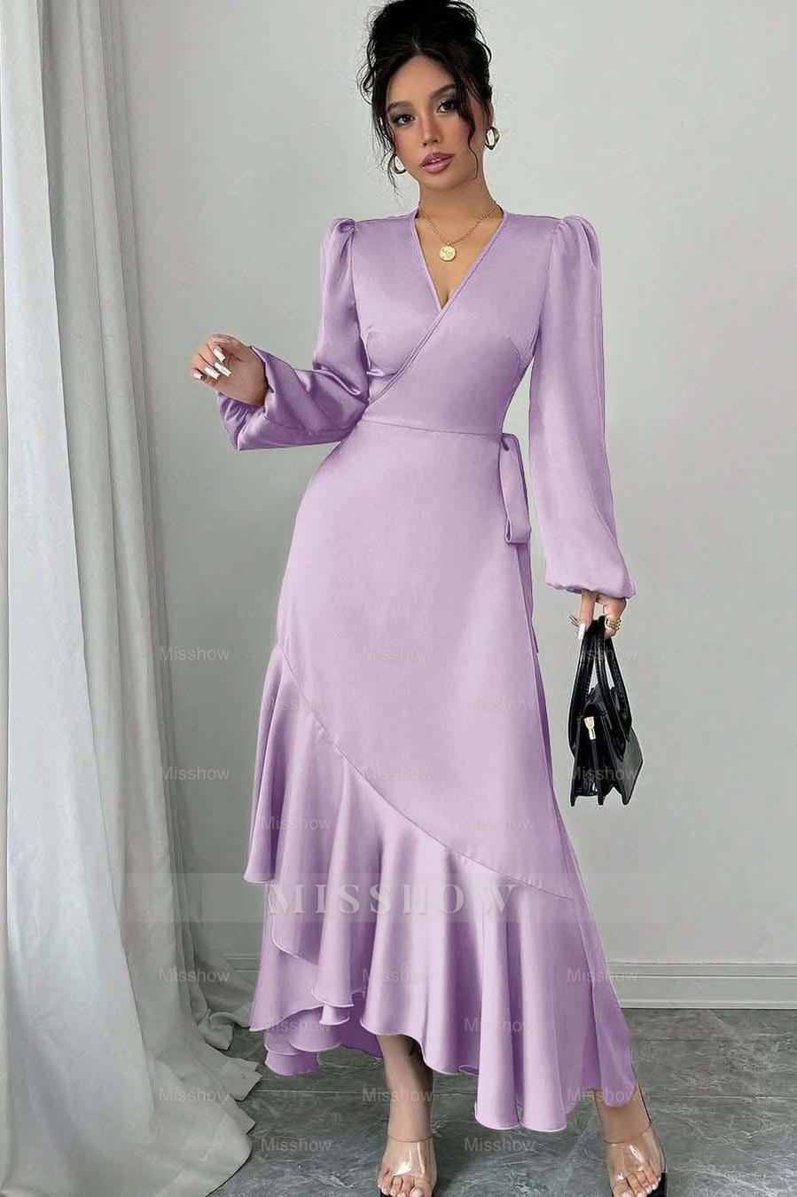 Shinning Long Sleeves V Neck Long Formal Dress With Ruffles Pleated