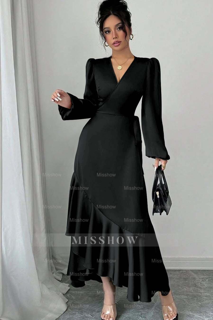 Shinning Long Sleeves V Neck Long Formal Dress With Ruffles Pleated
