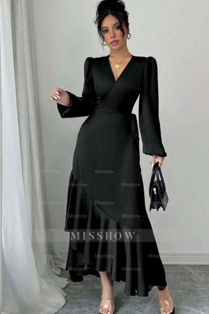 Shinning Long Sleeves V Neck Long Formal Dress With Ruffles Pleated