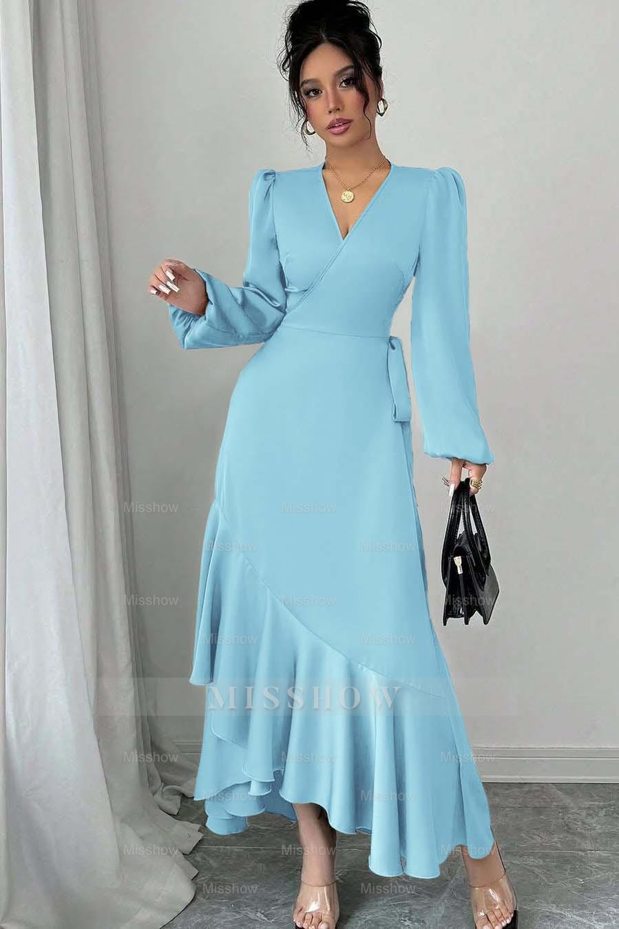 Shinning Long Sleeves V Neck Long Formal Dress With Ruffles Pleated