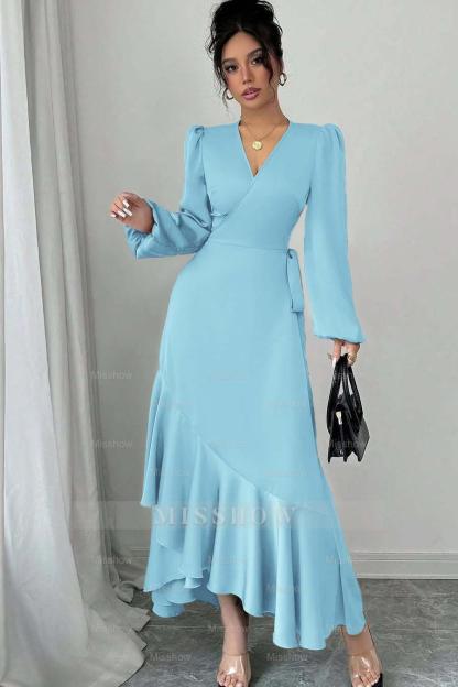 Shinning Long Sleeves V Neck Long Formal Dress With Ruffles Pleated