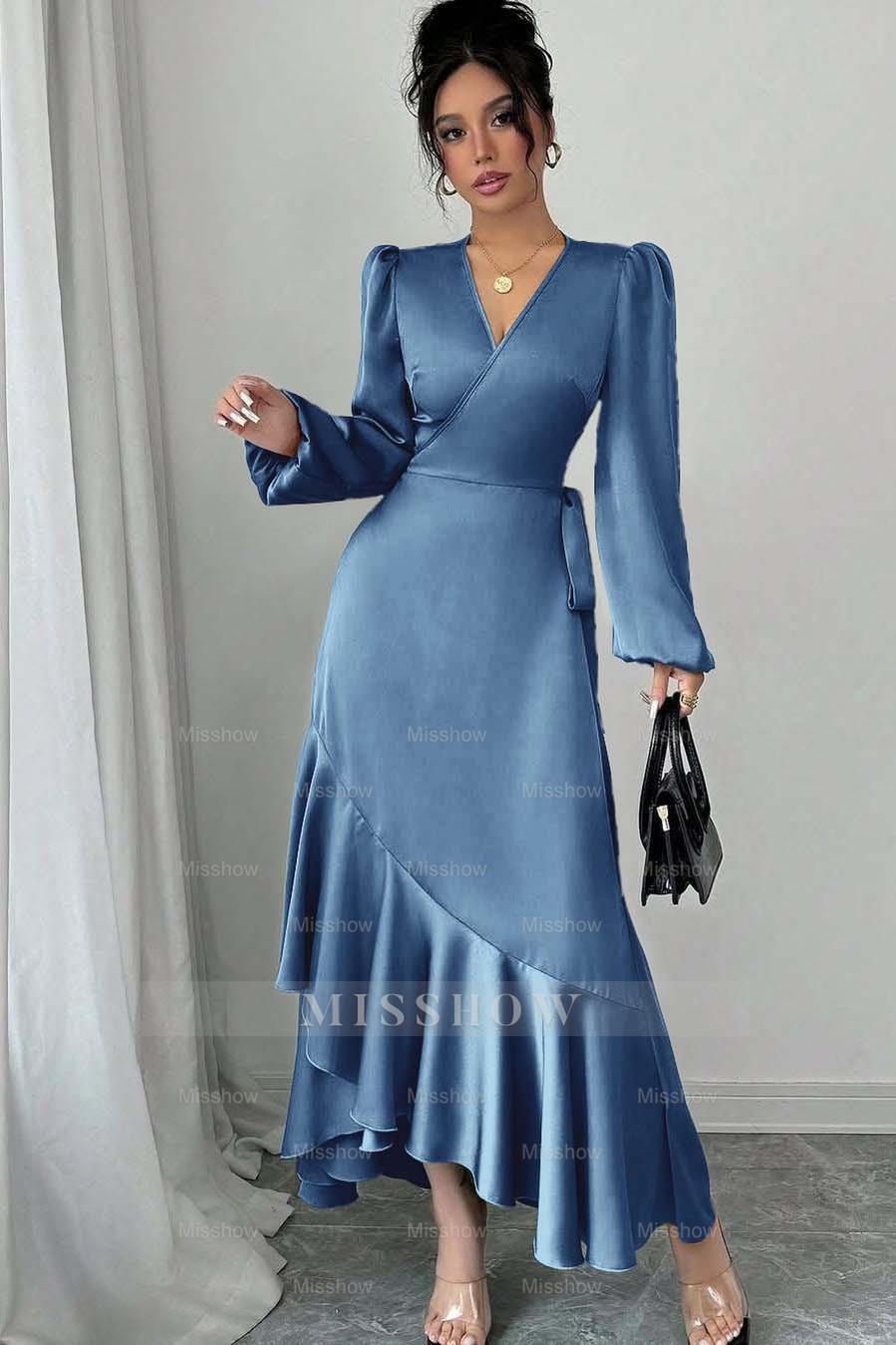 Shinning Long Sleeves V Neck Long Formal Dress With Ruffles Pleated