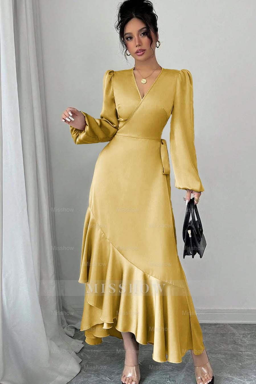 Shinning Long Sleeves V Neck Long Formal Dress With Ruffles Pleated