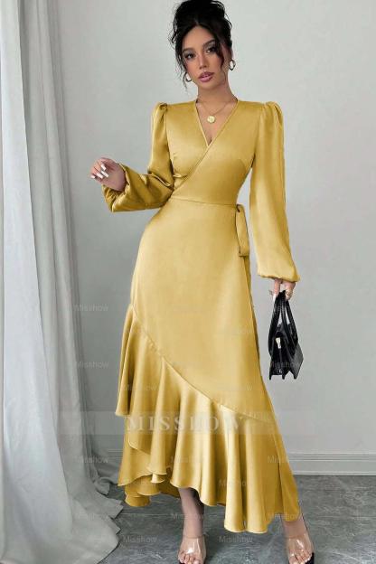 Shinning Long Sleeves V Neck Long Formal Dress With Ruffles Pleated