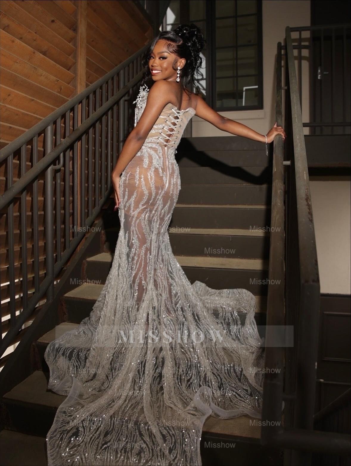 Shinning Silver V-neck Mermaid Beaded Lace Prom Dress with Slit and Rhinestones