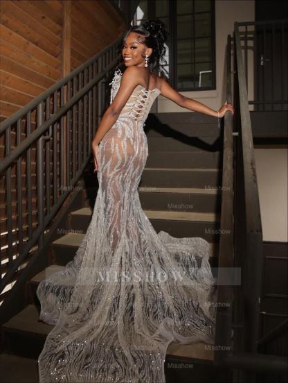 Shinning Silver V-neck Mermaid Beaded Lace Prom Dress with Slit and Rhinestones