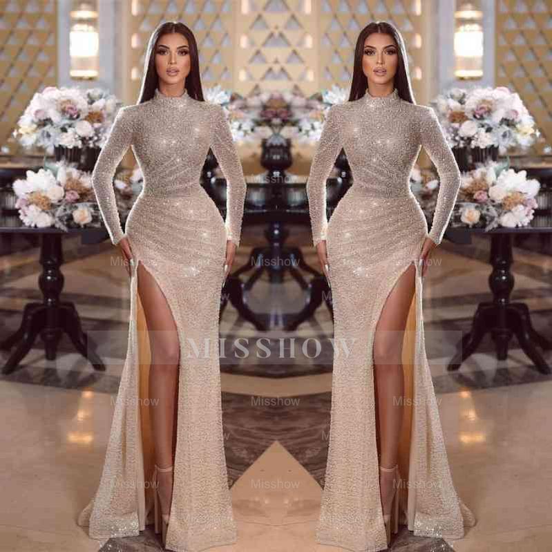 Shiny Sequins High Neck Long Sleeves Mermaid Formal Dress With Split