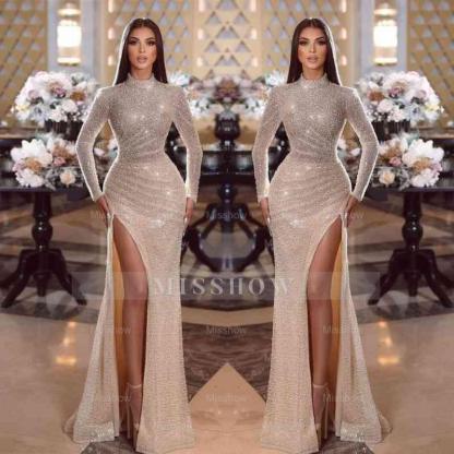 Shiny Sequins High Neck Long Sleeves Mermaid Formal Dress With Split