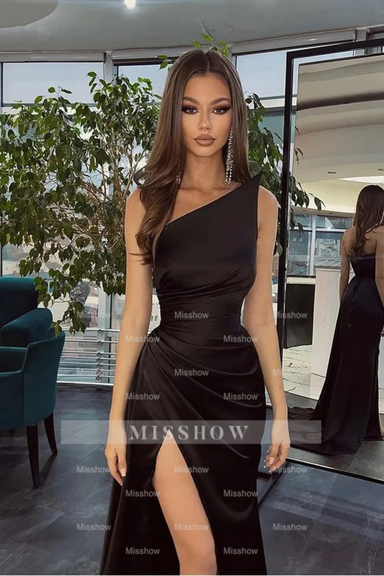 Simple Black Long One Shoulder Slit Mermaid Prom Evening Dresses