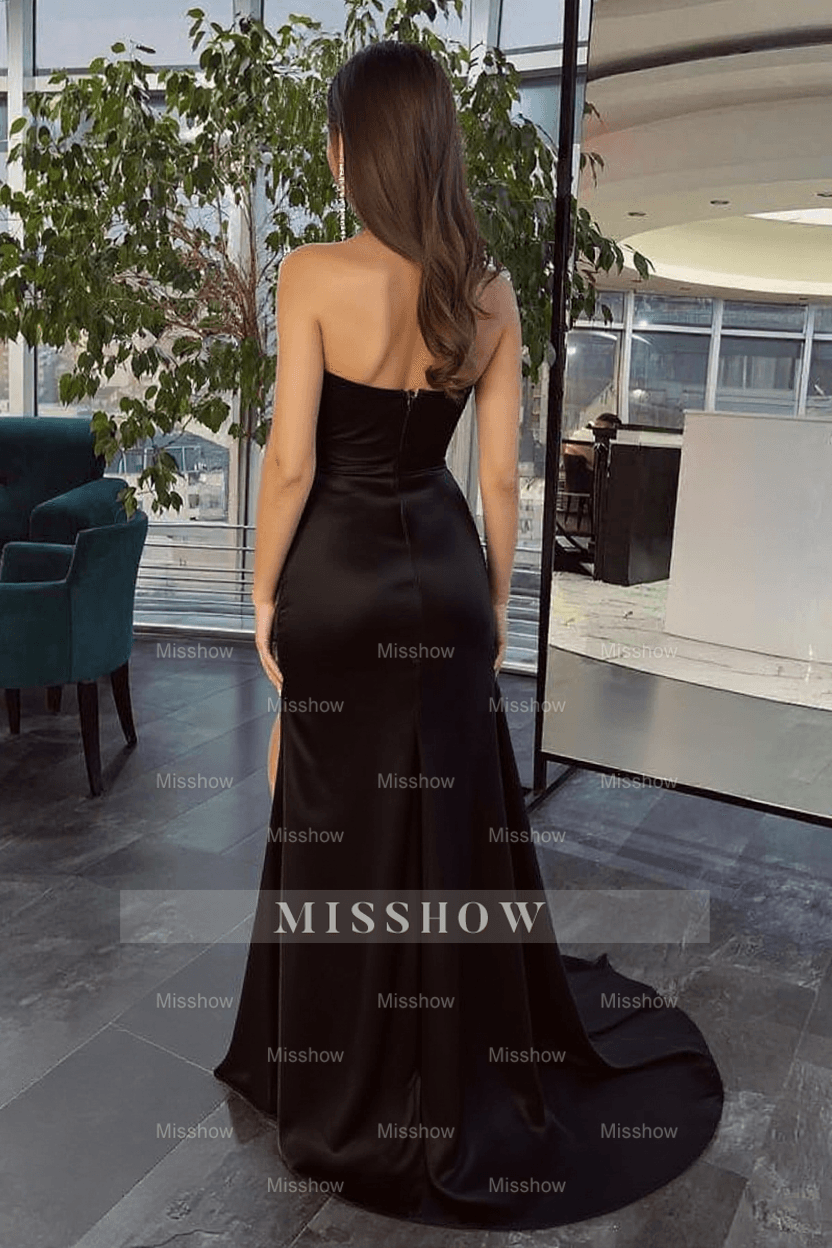 Simple Black Long One Shoulder Slit Mermaid Prom Evening Dresses