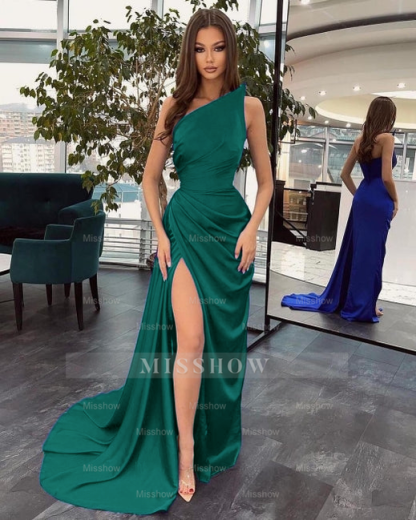 Simple Black Long One Shoulder Slit Mermaid Prom Evening Dresses
