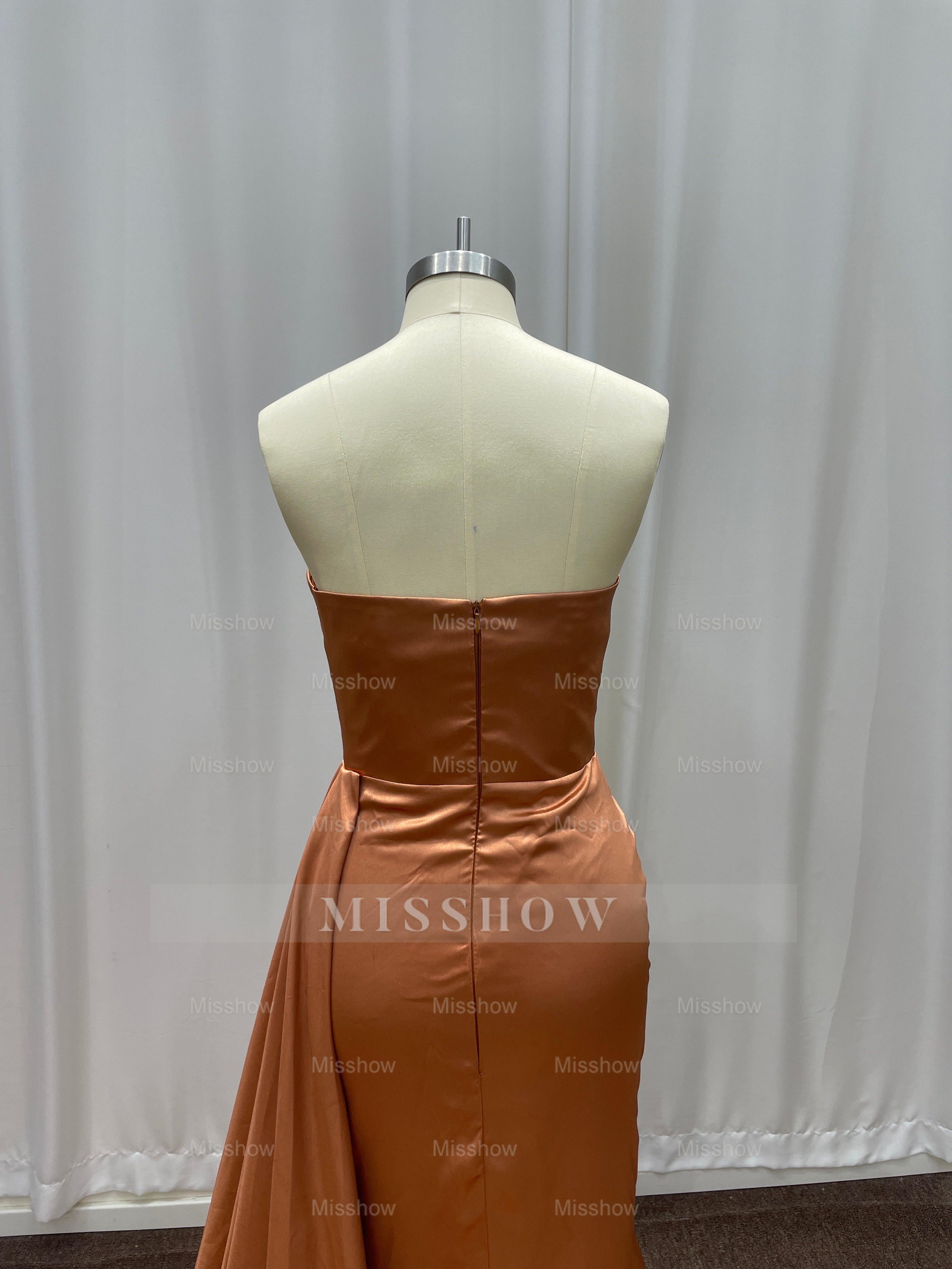 Simple Bronze Asymmetric Sleeveless Column Stretch Satin Formal Dress with Panel Train