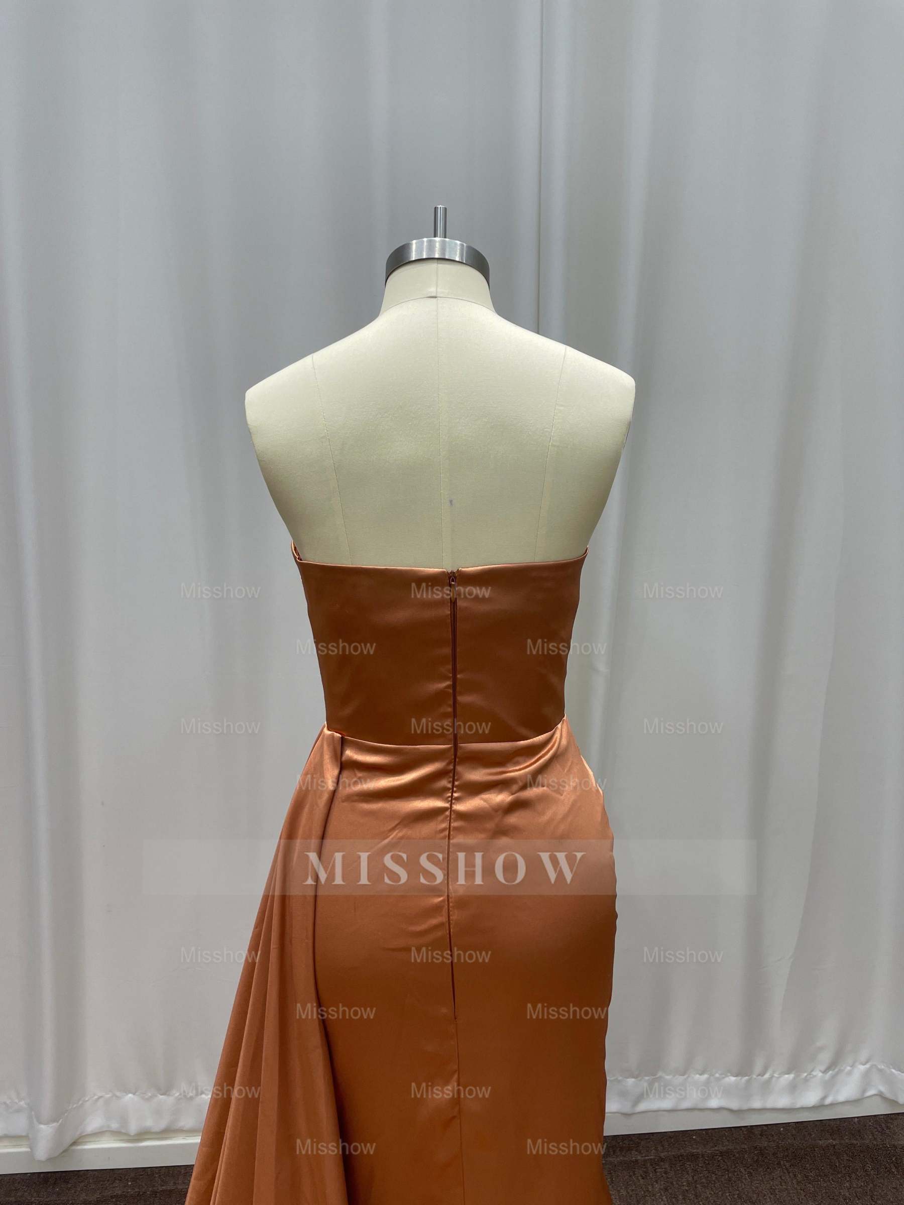 Simple Bronze Asymmetric Sleeveless Column Stretch Satin Formal Dress with Panel Train