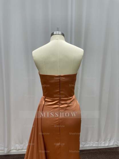 Simple Bronze Asymmetric Sleeveless Column Stretch Satin Formal Dress with Panel Train