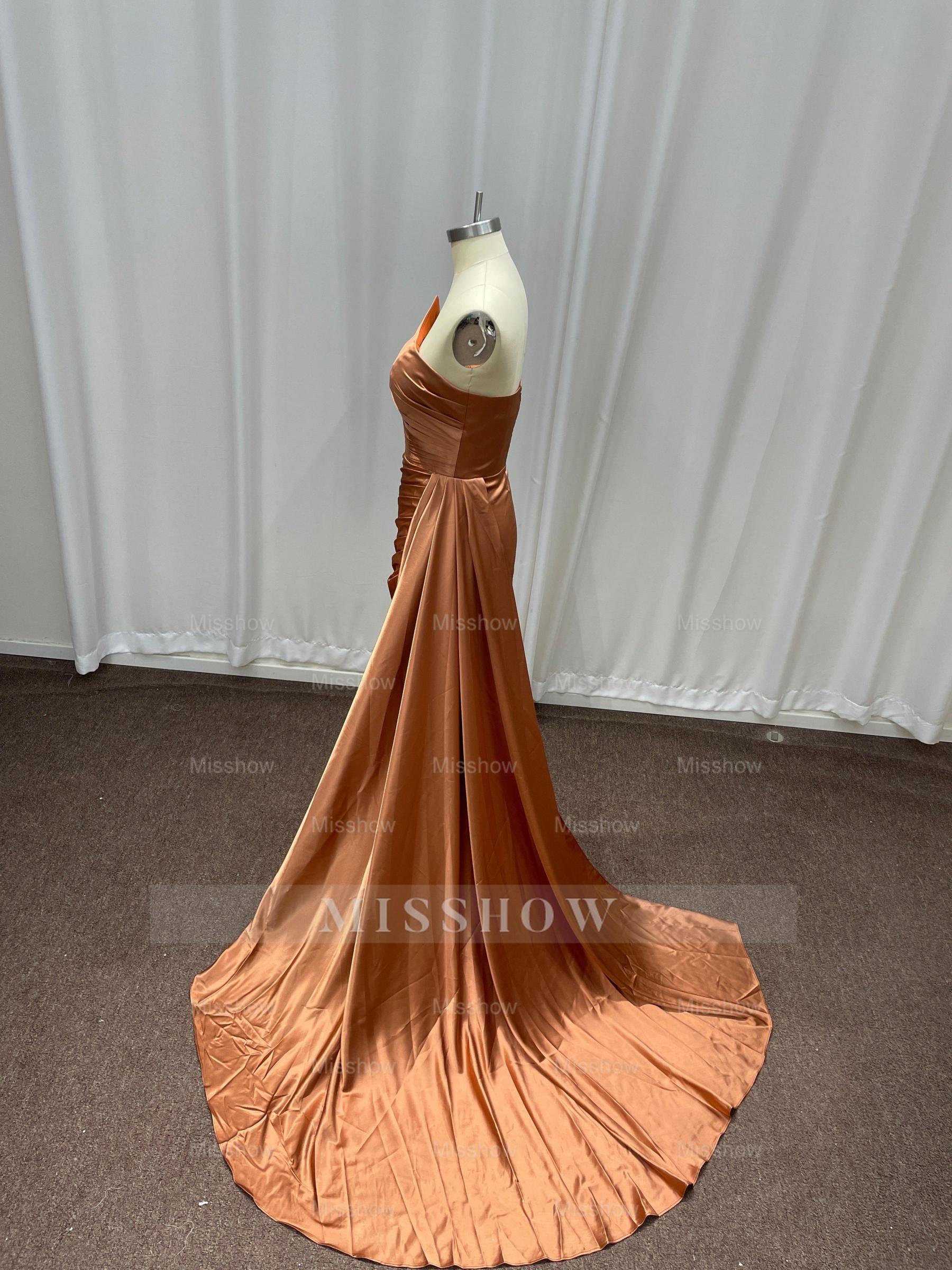 Simple Bronze Asymmetric Sleeveless Column Stretch Satin Formal Dress with Panel Train