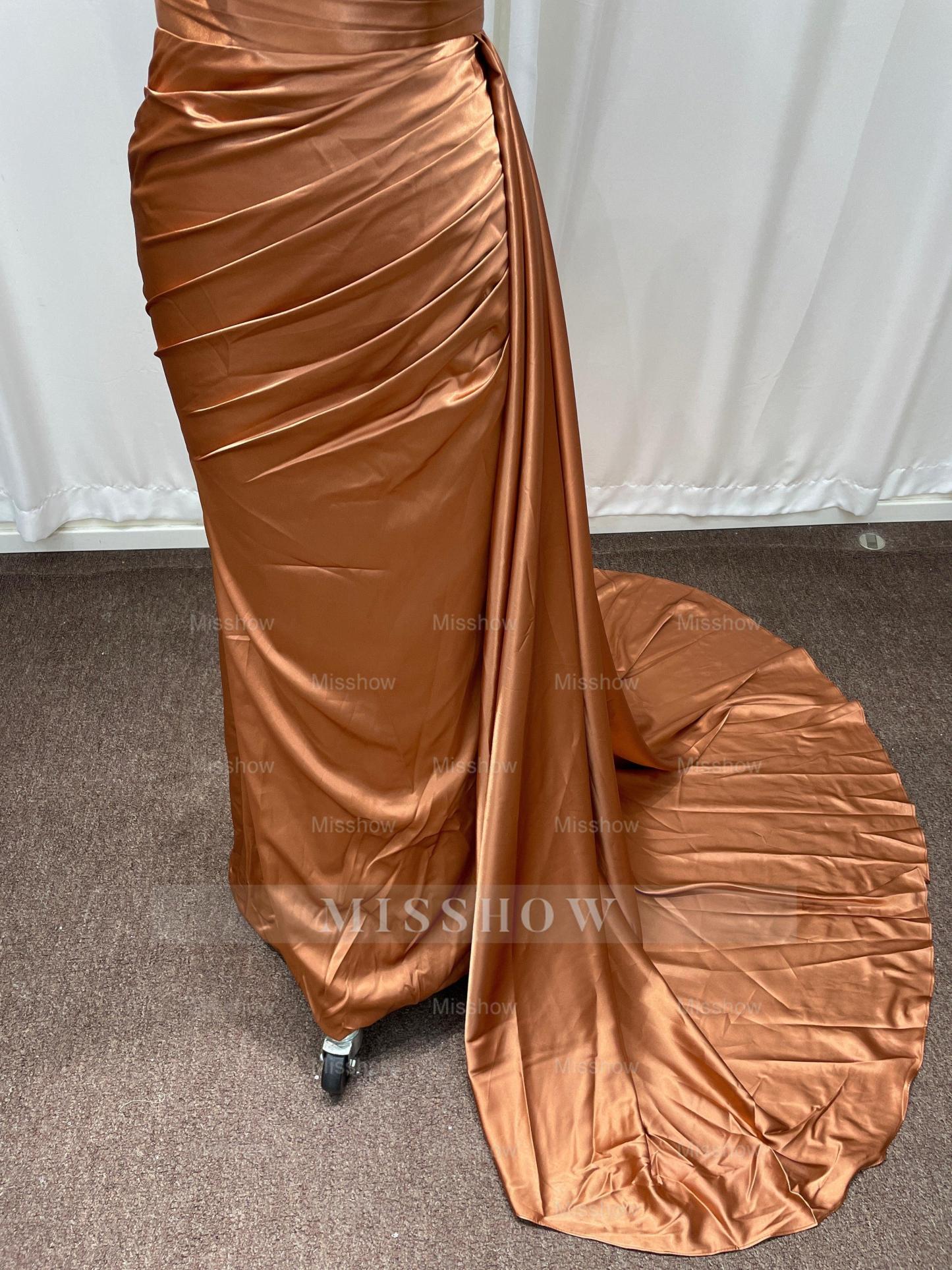Simple Bronze Asymmetric Sleeveless Column Stretch Satin Formal Dress with Panel Train