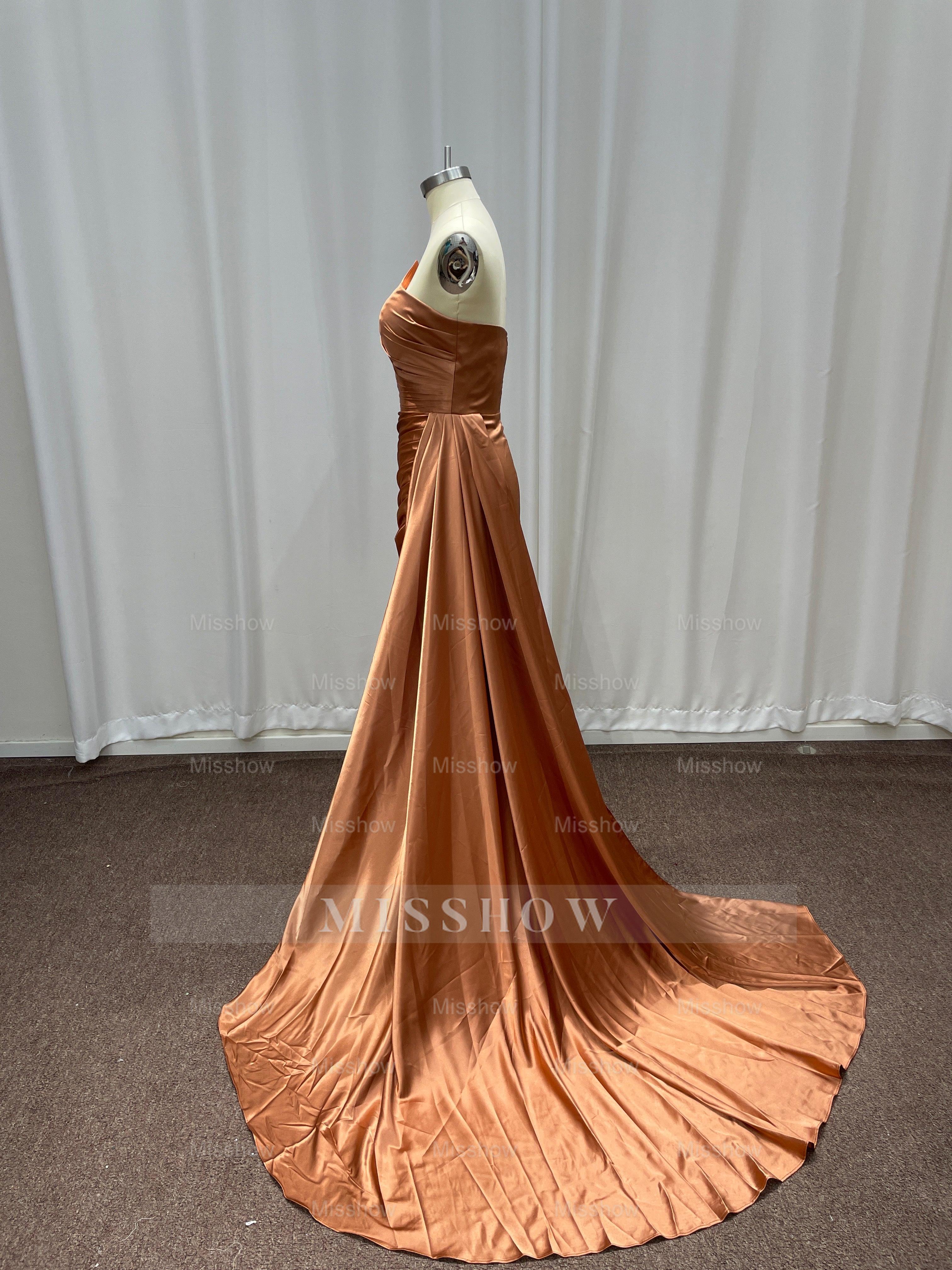 Simple Bronze Asymmetric Sleeveless Column Stretch Satin Formal Dress with Panel Train