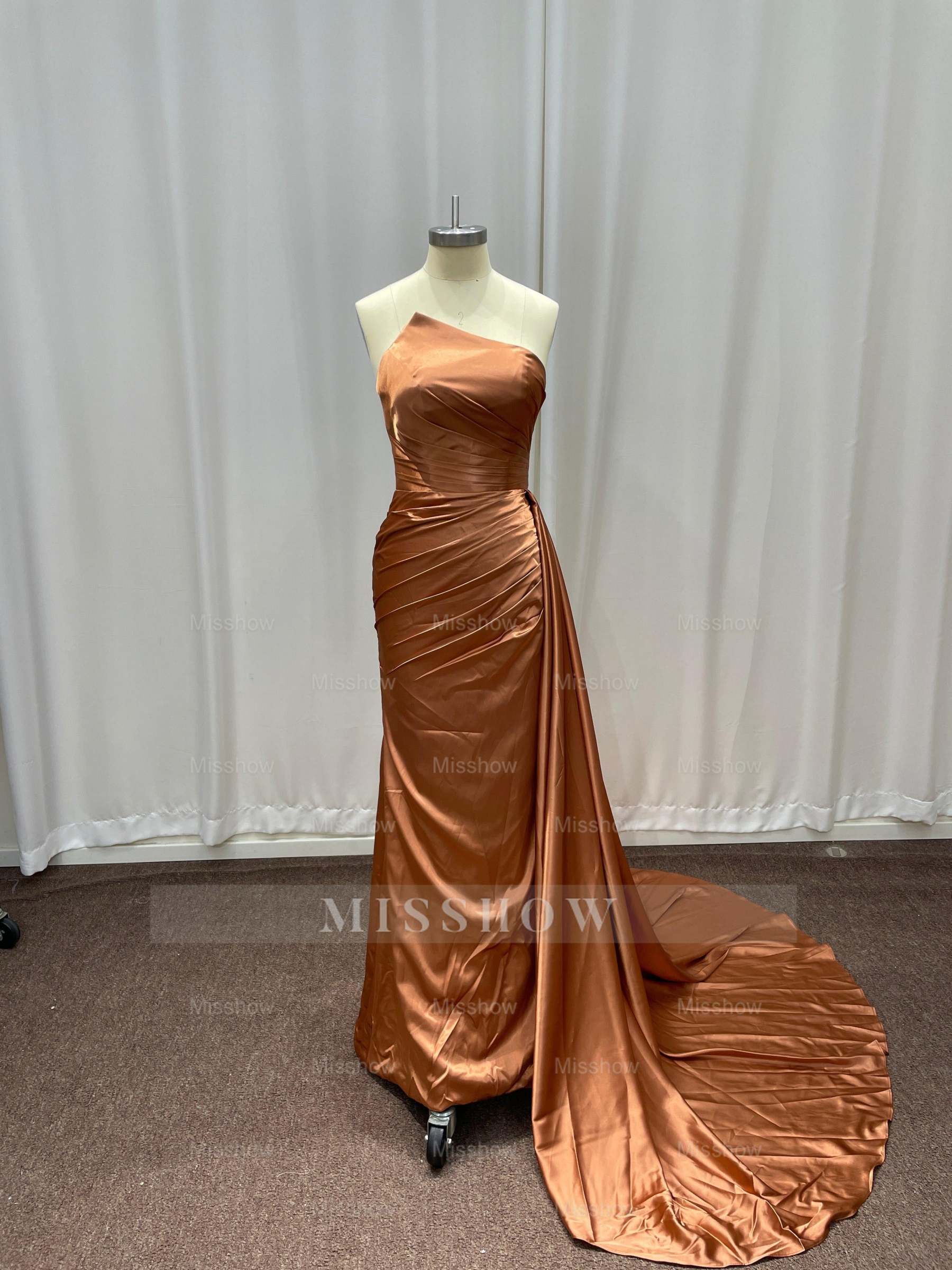 Simple Bronze Asymmetric Sleeveless Column Stretch Satin Formal Dress with Panel Train
