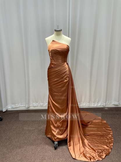 Simple Bronze Asymmetric Sleeveless Column Stretch Satin Formal Dress with Panel Train